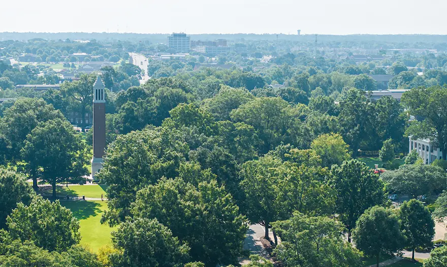 aerial photo of Denny Chimes and the President's Mansion